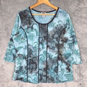 Womens Top XL Blue Burnout Velvet Flocked Floral Whimsigoth Grunge Tie Dye Goth